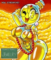 2025 animate_inanimate big_breasts breasts earrings glass_body gold_(metal) gold_bikini gold_clothes gold_clothing gold_jewelry huge_breasts jewelery millie_(tansau) necklace oc original_character pearl_earrings stream_announcement tansau tansau's_lab_stream thick_thighs unusual_irises yellow_body yellow_clothes yellow_clothing yellow_eye