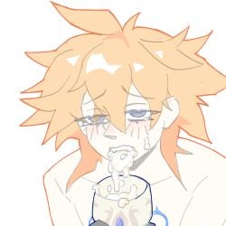 blue_eyes chest_tattoo coalmine cum_drip cum_in_glass cum_in_mouth cum_on_face drinking_cum earrings ginger_hair light-skinned_male male_only neuvillette_(genshin_impact) tartaglia_(genshin_impact)