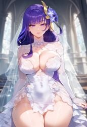 ai_generated ass big_ass big_breasts big_butt breasts bride curvy curvy_female curvy_figure genshin_impact goddess heavenly_ass hoyoverse huge_ass huge_breasts looking_at_viewer milf purple_hair raiden_shogun seductive thick thick_ass thick_thighs thighs voluptuous voluptuous_female wedding_dress wife