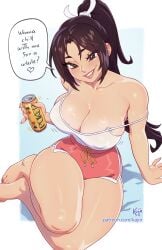 1girls alcohol alcoholic_drink alternate_costume beer beer_can big_breasts huge_breasts kajinman king_of_fighters large_breasts mai_shiranui ponytail red_shorts snk white_shirt white_tank_top