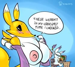 2019 anthro bandai_namco blue_eyes blush breasts canid canine claws digimon digimon_(species) digital_media_(artwork) duo english_text felid feline female fur gatomon mammal nipples nude oddjuice renamon simple_background smile text white_body white_fur