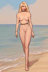 ai_generated beach black_canary blonde_hair blue_eyes fishnets nude