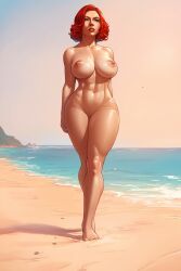 ai_generated beach black_widow_(marvel) blue_eyes natasha_romanoff nude red_hair scarlett_johansson water