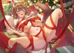 1girls animal_ears belly_button blush breasts brown_hair christmas christmas_tree female female_only huge_breasts human_gift indie_virtual_youtuber kawairi_(0kawairi) light-skinned_female light_skin otter_ears otter_girl otter_tail solo tail tree virtual_youtuber wrapped wrappings yellow_eyes yukaa_(vtuber)