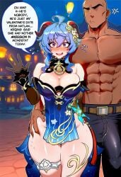 1boy 1boy1girl 1girl1boy 1girls 2d abs ai_generated armwear ass_grab bald belt blue_hair bulge bulge_down_leg bulge_under_clothes dark-skinned_male dark_skin english_text female ganyu_(genshin_impact) genshin_impact gloves headwear honkai_(series) horns jeans lantern leafyviolet looking_at_viewer mostly_clothed night no_eyes npc pants_bulge purple_eyes street text text_bubble thigh_grab tight_pants topless waving waving_at_viewer white_skin wide_hips
