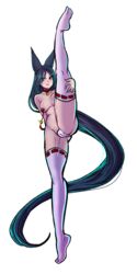 absurdly_long_hair animal_ears ayamori_miyako bell bell_choker black_hair borrowed_character breasts choker clothing female flexible fox_ears highres jingle_bell kneepits leg_lift long_hair long_legs maebari medium_breasts nipple_bells nipples original pride-kun red_eyes ribbon solo splits spread_legs standing standing_on_one_leg thick_thighs thighhighs thighs tiptoes topless very_long_hair white_background white_legwear