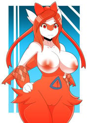 1girls 2016 anthro anthrofied areolae big_breasts blue_background breasts dragon fan_character female fur furry furry_only hair hand_on_hip huge_breasts iabelle inverted_nipples latias legendary_pokemon long_hair navel nintendo nipples nude original_character pokemon pokemon_(species) pokemorph pussy red_eyes red_fur red_hair red_nipples red_skin ribbons scalie simple_background solo thick_thighs video_games voluptuous white_skin wide_hips