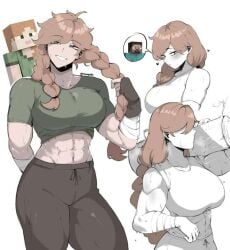 abs alex_(minecraft) bigger_female breasts clothed female happy huge_breasts light-skinned_female milf minecraft muscular muscular_female steve_(minecraft) thick_thighs voluptuous