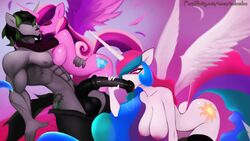 2016 abs alicorn animal_genitalia animal_penis areola balls breasts clothing cutie_mark elbow_gloves equine equine_penis female friendship_is_magic gloves horn horsecock kissing legwear logic_loop male mammal my_little_pony nipples nude oral penis princess_cadance_(mlp) princess_celestia_(mlp) saliva stockings straight unicorn wings zolombo