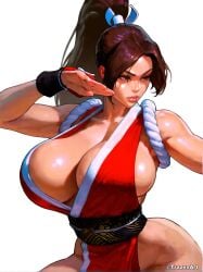 ai_generated cleavage deep_cleavage fatal_fury huge_breasts king_of_fighters large_breasts mai_shiranui snk street_fighter street_fighter_6 teasing the_king_of_fighters trazenart upper_body very_long_hair white_background