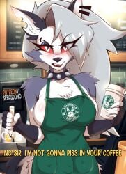 1girls 2d angry angry_expression angry_face anthro apron armwear ass big_ass big_breasts big_thighs blush breasts butt coffee coffee_cup coffee_shop demon demon_girl dialogue digital_media female female_only fur furry furry_female furry_only gloves hellhound helluva_boss huge_ass huge_breasts huge_thighs long_hair loona_(helluva_boss) meme red_sclera sebasdono silver_hair spiked_collar spikes text thick_thighs thighs wolf wolf_girl wolf_tail