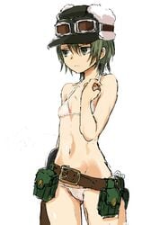 belt bikini cameltoe casual clothing eyewear female firearm goggles green_eyes green_hair gun gunbelt handgun hat headgear headwear highres holster human hyooonoir kino kino_no_tabi mostly_nude navel nipples pale_skin pouch pubic_hair pussy revolver see-through short_hair simple_background small_breasts solo string_bikini swimsuit swimwear tactical_nudity tomboy weapon