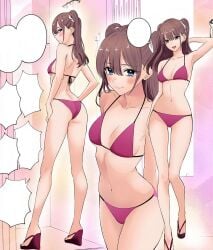 2.5_jigen_no_ririsa alternate_eye_color arm_up armpits ass back bare_arms bare_belly bare_shoulders bare_thighs belly_button bikini blue_eyes blush breasts brown_eyes brown_hair cleavage closed_mouth collarbone feet hashimoto_yuu high_heels long_hair long_legs manga official_art pink_bikini shoulder_blades sideboob small_breasts smile tachibana_mikari thighs toes twintails