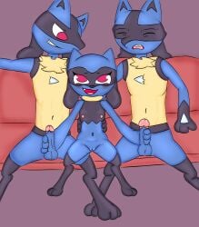 anthro female generation_4_pokemon group hi_res lucario male male/male masturbation mutual_masturbation nintendo pokemon pokemon_(species) riolu riverxa trio