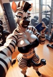 abs ai_generated animated anthro balls black_penis bra futanari gym horsecock mohawk muscular penis selfie stripes tagme veins zebra