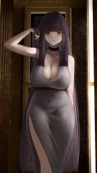 areolae belly_button_visible_through_clothing big_breasts breasts choker dark_hair dress female female_only grey_dress hime_cut huge_breasts kainines kxi999 long_hair looking_at_viewer mole mole_on_breast mole_under_eye nipples_visible_through_clothing oc original original_character playing_with_hair purple_hair revealing_clothes smile smiling smiling_at_viewer starry_sky thick_thighs thighs voluptuous voluptuous_female