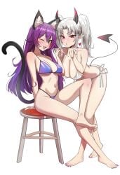 2girls animal_ear_fluff animal_ears animal_humanoid animal_tail arm_support barefoot bikini bikini_only black_horns black_tail blowing_kiss blush blush_lines breasts cat_ears cat_humanoid cat_tail catgirl character_request cleavage collarbone commission curvy cute_fang dot_nose feet feline_humanoid female female_only full_body gesture green_eyes hair_between_eyes heart highres horns hourglass_figure kiritzugu large_breasts light-skinned_female light_skin long_hair looking_at_viewer medium_breasts midriff multiple_girls nail_polish navel open_mouth painted_nails parted_bangs pointy_ears purple_bikini purple_hair purple_nails red_eyes red_nails side-tie_bikini simple_background sitting smile soles standing string_bikini swimsuit tail thick_thighs toenail_polish toes tongue twintails underboob white_background white_bikini white_hair wide_hips wink