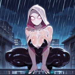 ai_generated bodysuit female gwen_stacy hood large_breasts mask masked_female night raining shiny_clothes sole_female solo spider-gwen squatting thick_thighs wet wet_clothing