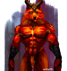 1boy 2014 anthro balls biceps big_biceps big_penis black_claws black_markings black_nose canine chin_tuft claws clothing colored dripping empty_eyes flaccid front_view fur fusion gloves huge_muscles humanoid_penis inner_ear_fluff jackal league_of_legends male male_only mammal manly markings mostly_nude muscular muscular_male nasus nipples pecs penis portrait pose precum purple_background quads red_balls red_fur red_nipples red_penis riot_games serratus shaded signature simple_background snout solo standing thick_neck three-quarter_portrait uncut video_games werethrope white_background white_eyes wolf