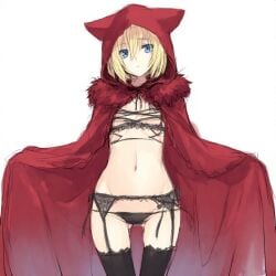 1girl animal_hood black_panties black_souls black_souls_2 black_thighhighs blonde_hair blue_eyes breasts cape cloak closed_mouth cowboy_shot cross-laced_clothes expressionless female flat_chest fur-trimmed_cape fur-trimmed_hood fur_trim garter_belt garter_straps gluteal_fold groin hair_between_eyes hood hood_up hooded_cape hooded_cloak hoodie lingerie looking_at_viewer lowleg navel panties red_cape red_cloak red_hood red_hood_(black_souls) revealing_clothes ribbon short_hair simple_background sketch small_breasts solo standing string_panties thighhighs underwear white_background