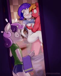 1boy 2016 2girls anthro anthrofied big_macintosh_(mlp) blush breast_grab breasts caught clothed clothing equine female friendship_is_magic group hair hand_on_breast horn horse male mammal my_little_pony nipples ohmymarton rarity_(mlp) sex straight straight_hair sweetie_belle_(mlp) unicorn