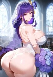 ai_generated ass ass_focus big_ass big_breasts big_butt breasts bride curvy curvy_female curvy_figure genshin_impact goddess heavenly_ass hoyoverse huge_ass huge_breasts looking_at_viewer looking_back milf purple_hair raiden_shogun seductive seductive_look thick thick_ass thick_thighs thighs voluptuous voluptuous_female wedding_dress wife