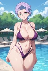 ai_generated bikini croix_meridies day hips huge_breasts little_witch_academia pool purple_bikini purple_hair studio_trigger thighs_together