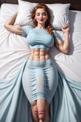 ai_generated anna_(frozen) bed_sheet bulge bulge_through_clothing flaccid frozen_(film) full_body fully_clothed futa_only futanari giant_penis gigantic_penis huge_cock massive_penis muscular muscular_futanari