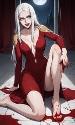 1girls ai_generated barefoot bigmic145 blood breasts carmilla_(castlevania) castlevania castlevania_(netflix) cleavage feet horror lips long_hair medium_breasts monster_girl red_dress vampire white_hair yandere