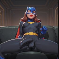 1futa 1girls ai_generated batgirl batman:_the_animated_series bodysuit bulge cock dc dc_comics exposed_breasts futa_only futanari gotham solo solo_female squatting superheroine