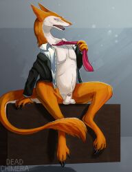 animal_genitalia anthro balls biped black_claws claws clothing clothing_pull dead_chimera ed_(scalywanderer) feet finger_claws fingers fur genitals hi_res male male_only multicolored_body necktie orange_body orange_fur penis penis_tip pulling_tie purple_eyes sergal sheath shirt sitting solo suit tail tail_tuft teeth toes topwear tuft undressing urethra white_body white_clothing white_fur white_shirt white_topwear