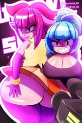 2girls ale64_xd ass ass_bigger_than_head ass_up ass_visible_through_thighs big_ass big_breasts black_eyes brawl_stars breasts fashion female full_color janet_(brawl_stars) melodie melodie_(brawl_stars) melodie_note_(brawl_stars) sunrise