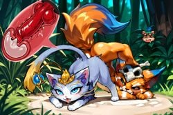 ahe_gao ai_generated cat_ears cat_tail cumming_in_pussy cumming_while_penetrating dog_penis drooling filled_womb gnar hidden hidden_sex jungle league_of_legends mating_tie moody_hat tail teemo womb yordle yuumi_(lol)