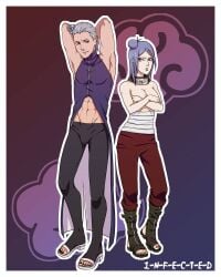 1boy 1girls abs arms_up bandage blue_hair bulge cleavage clothing_swap covering_breasts female hidan konan male male/female naruto naruto_(series) naruto_shippuden straight toned_male toned_stomach