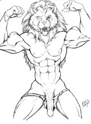 1boy 2006 abs anthro biceps chris_sawyer claws clothing ectomorph fangs feline flexing hair long_hair male male_only mammal mane monochrome muscular nipples one_eye_closed penis pinup pose saber-toothed_cat sharp_teeth solo teeth underwear vein veiny_penis wink