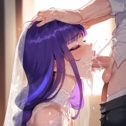 ai_generated big_breasts blowjob blowjob_face boobjob cock_hungry cum_drip cum_on_face dripping from_behind_position genshin_impact goddess heavenly_ass hoyoverse licking_penis milf mouth_full_of_cock open_mouth paizuri purple_hair raiden_shogun saliva_on_penis saliva_trail slobber_on_penis thick_thighs voluptuous wife