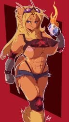 2018 abs alternate_color anthro areola athletic big_areola big_breasts blaziken blonde_hair blue_eyes bottomwear breasts clothed clothing crop_top cutoffs denim denim_bottomwear denim_clothing digital_media_(artwork) eyewear fan_character fate_valentine female generation_3_pokemon goggles hi_res highleg hotpants leokingdom looking_at_viewer muscular muscular_anthro muscular_female nintendo nipple_slip nipples panties pokemon pokemon_(species) portrait pose shirt shorts skimpy solo tank_top thong thong_straps three-quarter_portrait topwear torn_clothing under_boob underwear wide_hips