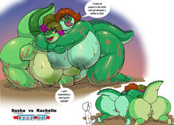 2014 alligator anthro anus asphyxiation ass bent_over big_breasts breasts bulge choke_hold crocodile crocodilian dialogue erection female furry huge_ass huge_breasts large_ass makeup male morbidly_obese mud nipples nude overweight pussy rachelle_(character) reptile sasha_(character) scalie slang strangling thick_thighs vdisco voluptuous wrestling