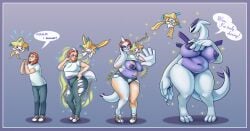 admiralbushed anthro big_breasts blue_body body_size_growth breast_expansion breast_growth breasts clothed clothing colored dialogue duo english_text expansion female gender_transformation generation_2_pokemon generation_3_pokemon genitals growth happy hi_res human jirachi legendary_pokemon looking_at_self lugia male mammal mtf_transformation nintendo nipples nude overweight pokemon pokemon_(species) pussy rapid_weight_gain sequence size_transformation species_transformation speech_bubble text thick_thighs thigh_expansion torn_clothing transformation weight_gain white_body