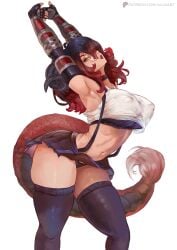 adc_vr adcvr big_breasts boyfu cammy_stretch cosplay fanart female_only glasses horned_female latex side_view skirt stretching tail tifa_lockhart tifa_lockhart_(cosplay) vtuber vtuberfanart vtubers