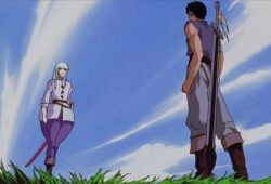 2boys berserk black_hair blue_sky bottom_heavy clothed clouds edit edited feminine_male grass grass_field griffith guts_(berserk) heavy_bottom pants purple_pants screenshot_edit shirt sky thick thick_ass thick_thighs white_hair white_shirt wide_hips