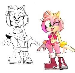 2d 2d_(artwork) 2d_artwork amy_rose belly_button big_breasts bikini_bottom bikini_top black_and_white boots bracelets breasts calabreso clothed_female cute_face diadem dress eyelashes flashing_panties gloves green_eyes one_eye_closed pink_fur sega skirt_up sticking_out_tongue thick_hips thick_thighs thin_waist tight_clothing tongue_out