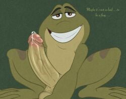 amphibian anthro balls big_penis bodily_fluids dialogue erection feral frog genital_fluids genitals hi_res illegaleel leaking_precum male penis precum prince_naveen saggy_balls smile smiling_at_viewer solo the_princess_and_the_frog vein veiny_penis