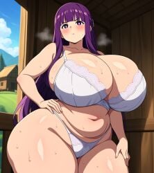 ai_generated blush curvy fern_(sousou_no_frieren) gigantic_breasts gigantic_thighs hands_on_hips hyper hyper_breasts hyper_thighs plump pout slightly_chubby sousou_no_frieren stable_diffusion steam sweat sweaty thick_thighs voluptuous white_lingerie wide_hips