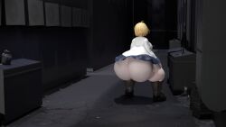 1girls 3d ahoge alleyway alternate_version_available arcueid_brunestud ass_bigger_than_head ass_bigger_than_torso ass_focus bare_ass big_ass blonde_hair boots brown_boots enormous_ass huge_ass large_ass melty_blood outdoors short_hair sweater tsukihime turtleneck_sweater twerking twerking_position type-moon xiahouren