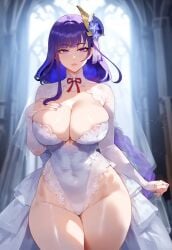 ai_generated big_ass big_breasts big_butt breasts bride curvy curvy_female curvy_figure genshin_impact goddess heavenly_ass hoyoverse huge_ass looking_at_viewer milf purple_hair raiden_shogun recently_married seductive thick thick_ass thick_thighs thighs voluptuous voluptuous_female wedding_dress wife