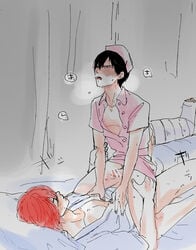 2boys anal arakita_yasutomo costume hospital lying male_only multiple_boys nurse restrained sex shinkai_hayato straddling yaoi yowamushi_pedal