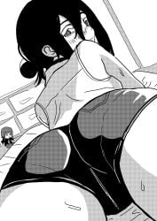 1girl absurdres ass ass_focus black_choker chainsaw_man choker dithering dutch_angle from_behind from_below hair_between_eyes hair_bun highres long_hair_between_eyes looking_at_viewer looking_back makima_(chainsaw_man) micro_shorts monochrome neck_ribbon reze_(chainsaw_man) ribbon riberiru short_shorts shorts single_hair_bun solo
