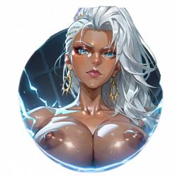 ai_generated blue_eyes breasts earrings female long_hair marvel_rivals ororo_munroe storm_(marvel_rivals) white_hair