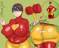 big_ass big_breasts big_butt big_nipples big_thighs blush_lines chapulin_colorado_(cosplay) dotcomjk2_(artist) female_only fortnite:_battle_royale holding_object red_clothing ripped_clothing shorts